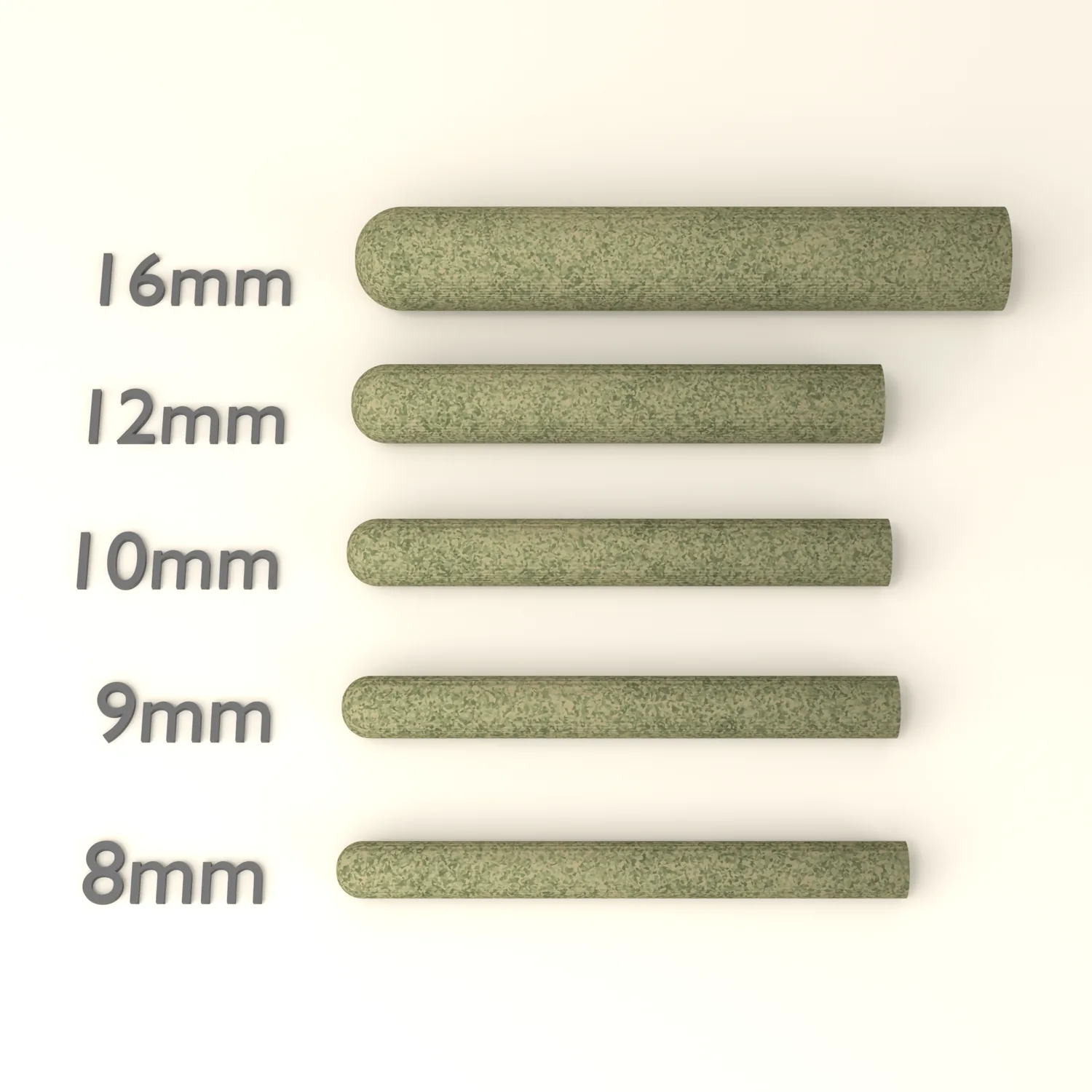 Cannagar size comparison showing the 8mm, 9mm, 10mm, 12mm and 16mm cannagars at true relative scale